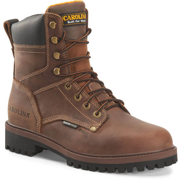 Carolina Silvanus 8-inch waterproof steel toe work boot in brown leather, profile view