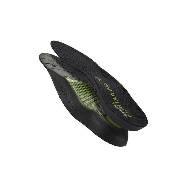 Sof Sole Plantar Fascia orthotic insole for men, black with green arch support, profile view