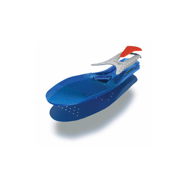 Spenco Gel Comfort insole in blue with red heel pad, layered exploded view