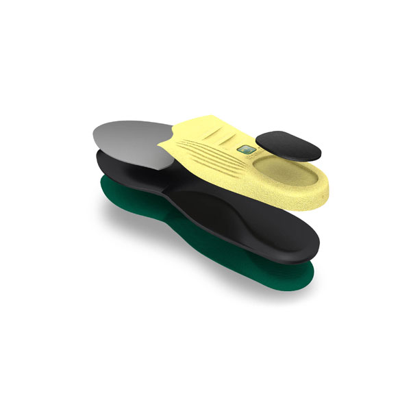 Spenco Polysorb Cross Trainer insole in yellow and black, layered exploded view