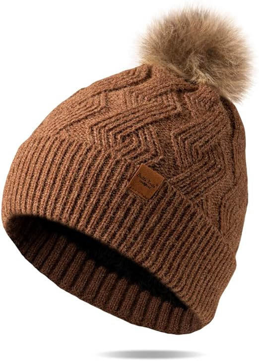 Britt's Knits Mainstay Plush Lined Pom Hat, Women's, brown cable knit