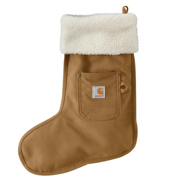 Carhartt canvas Christmas stocking in brown with sherpa cuff and logo patch pocket