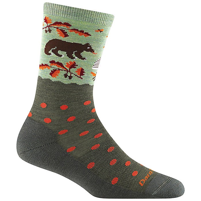 Darn Tough Wild Life Crew Lightweight Lifestyle Sock, Women's, bear and leaf print, forest green