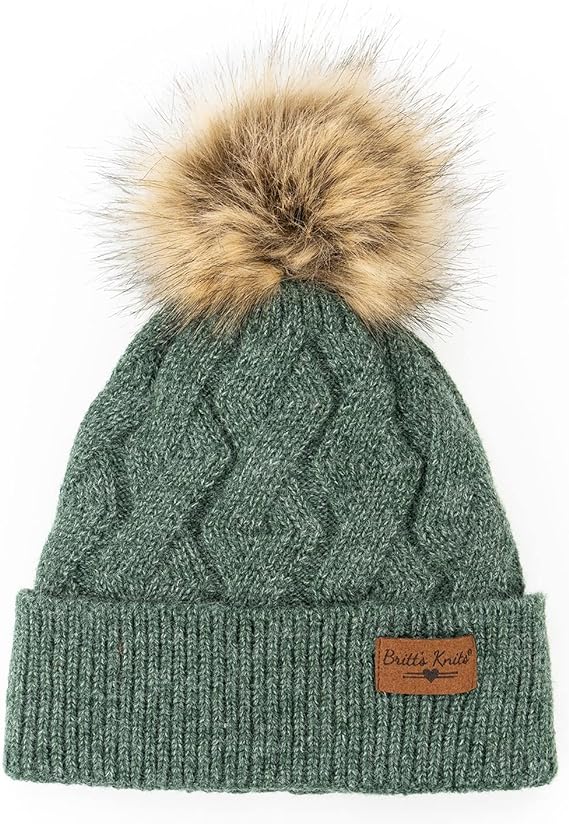 Britt's Knits Mainstay Plush Lined Pom Hat, Women's, green cable knit