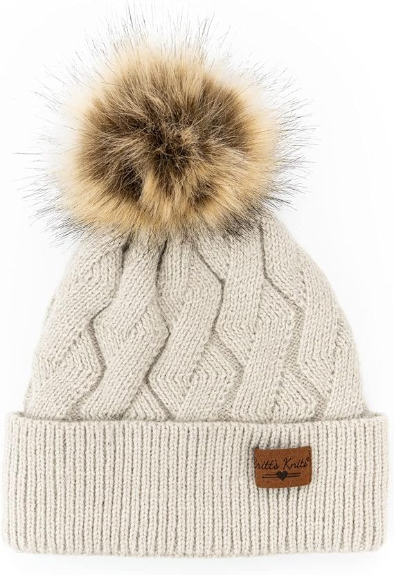Britt's Knits Mainstay Plush Lined Pom Hat, Women's, oatmeal cable knit