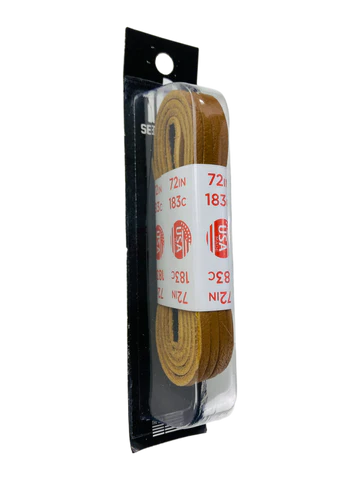 10 Seconds Leather Laces in packaging, tan, 72 inch