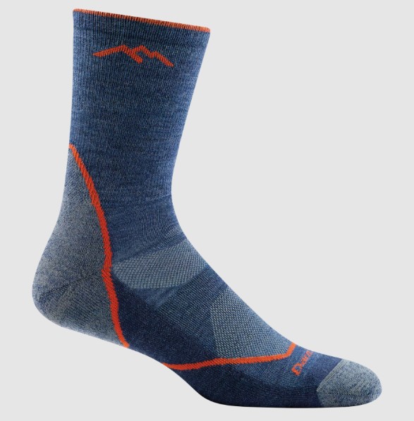 Darn Tough Light Hiker Micro Crew Sock in denim blue with orange accent, men's