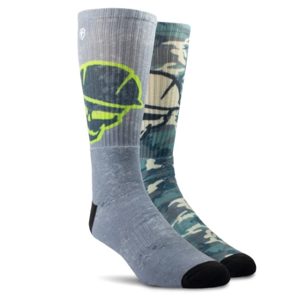 Ariat 2-Pack Roughneck Graphic Crew Work Sock in gray and camo with skull graphic, men's