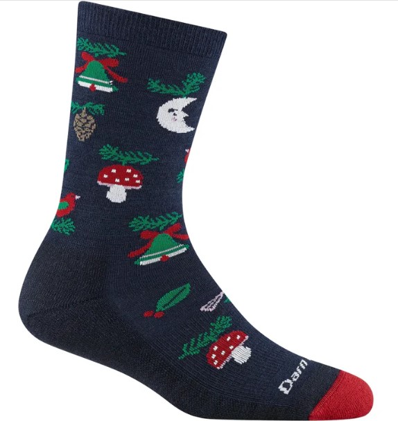 Darn Tough Tinsel Town Crew Sock in navy with holiday ornament pattern, women's