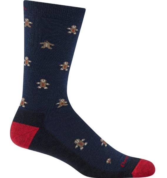 Darn Tough Oh Snap Crew Sock in navy with gingerbread man pattern, men's