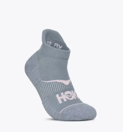 Hoka No-Show Run Sock, women's, grey with pink accents, heel view