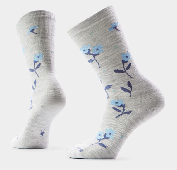 Smartwool Everyday Garden Gala Crew Socks, women's, light grey with blue floral print