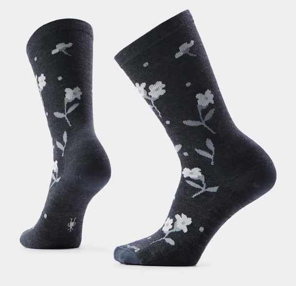 Smartwool Everyday Garden Gala Crew Socks, women's, charcoal with white floral print