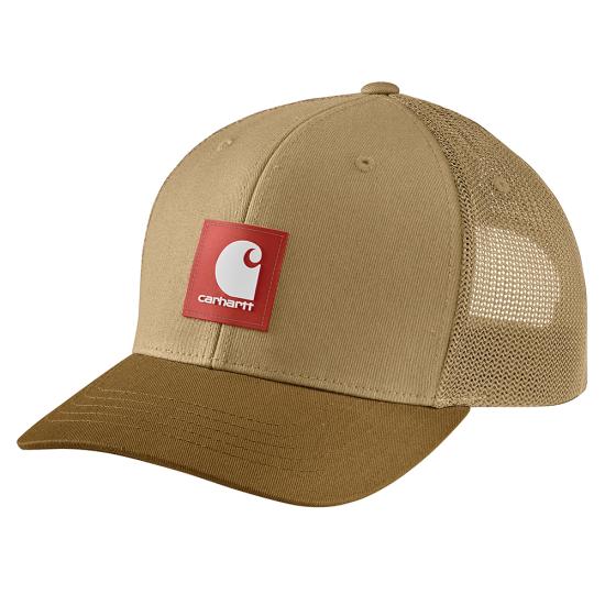 Carhartt Rugged Flex Twill Mesh-Back Logo Patch Cap, khaki with brown brim and red logo patch