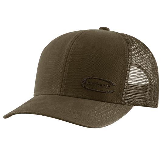 Carhartt Canvas Mesh-Back Embossed Cap, olive green with tonal logo patch